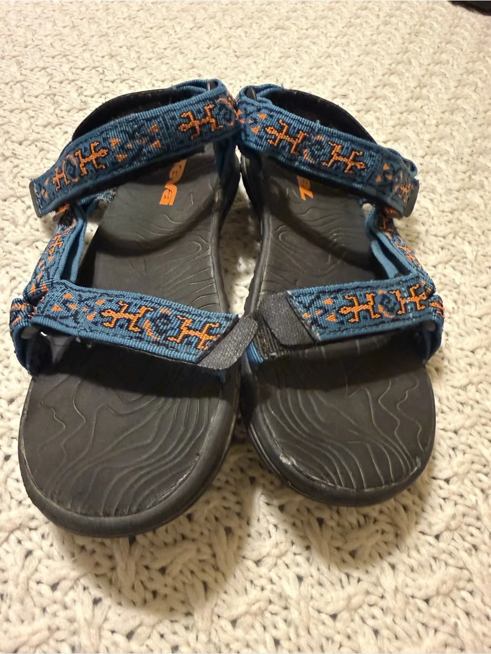 Teva Women’s 5 Blue Sandals with Orange Patterned Straps